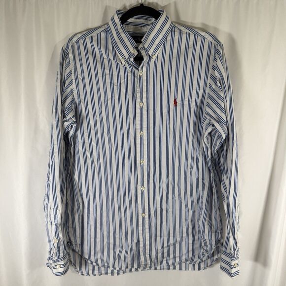Ralph Lauren Dress Shirt Men's 15.5 Blue White Striped Button Down Shirt Collar - Picture 1 of 11